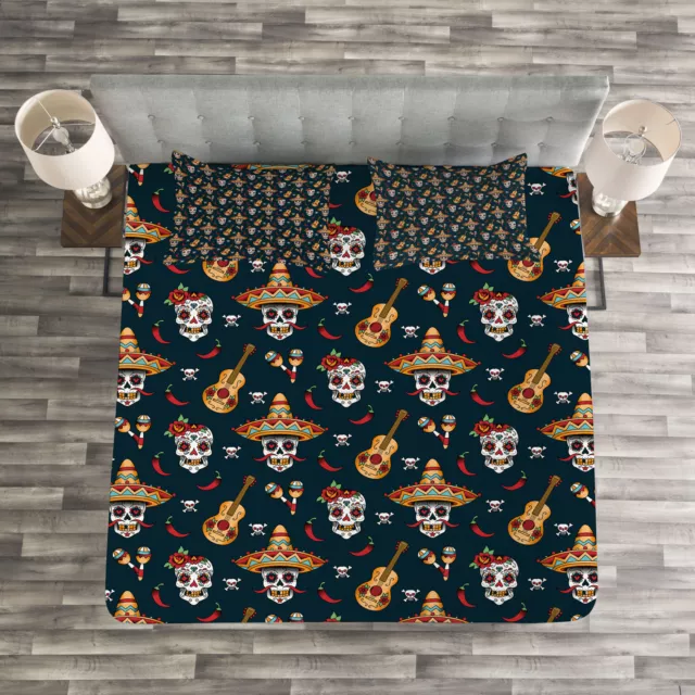 Mexican Quilted Bedspread & Pillow Shams Set, Skull Sombrero Chili Print