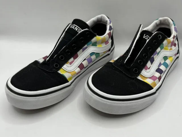 VANS Old Skool Checkered Black/Rainbow Sz1.0 Kids Low-Top Skate Sneakers No Lace