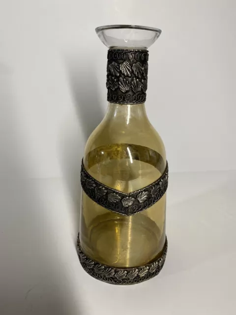 Indian Decorative Amber Yellow Glass Bottle w Ornate Metal Overlay Decanter Vase