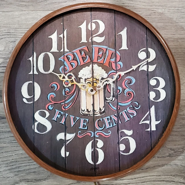 VINTAGE BEER FIVE 5 Cents Wall Electric Clock Bar Drink Barrel Faux