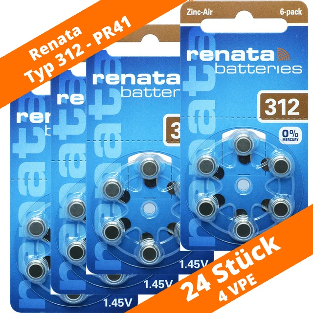 24 x Renata tipo 312 PR41 baterías de audífonos audífonos audífonos NUEVO marrón 4 x 6er 1,45V