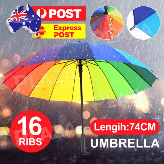 16 Ribs Large Rainbow Umbrella Fashion Long Handle Straight Anti UV Sun Rain AU