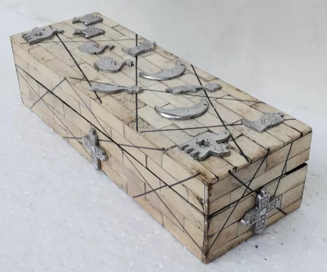 Caja de madera antigua hecha a mano de metal de hueso equipada baratija... 3