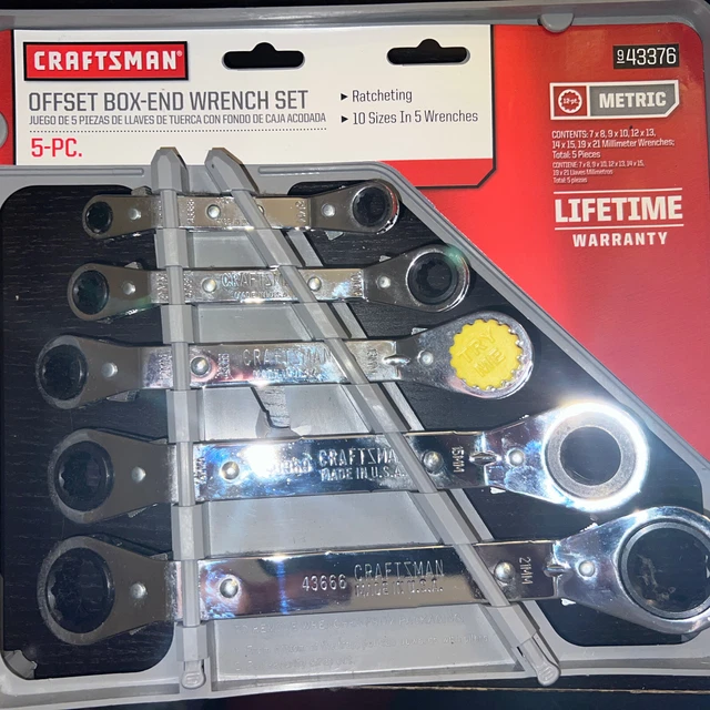 CRAFTSMAN 43376 5 Pc Offset BoxEnd Ratcheting Wrench Set Metric USA