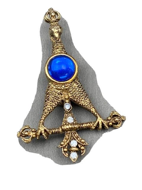 Vintage Brooch Pin Crowned Royal Eagle Bird glass Blue Clear rhinestone gold 2”