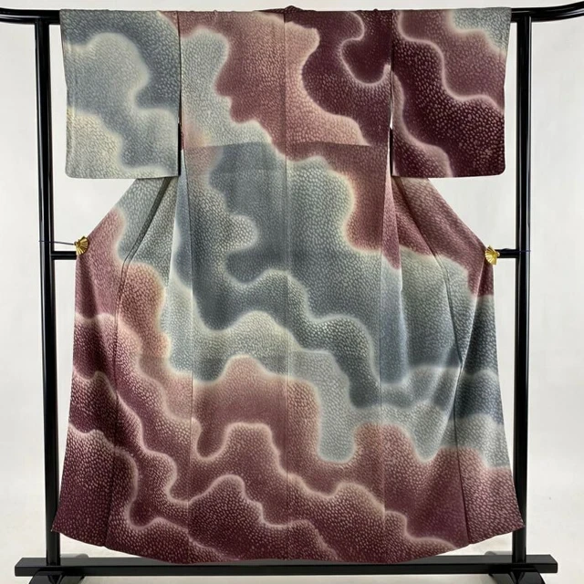Woman Japanese Kimono Houmongi Silk Geometric Somewake Blur BlueGray