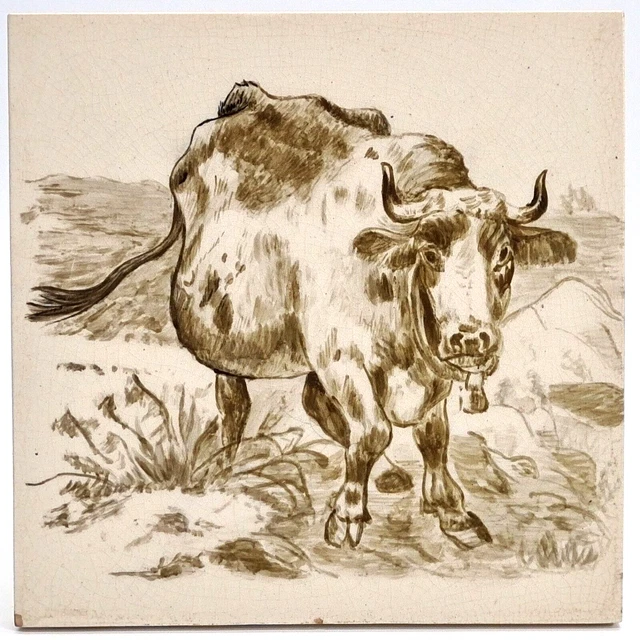 Antique Minton Hand Painted Cow Tile C1890