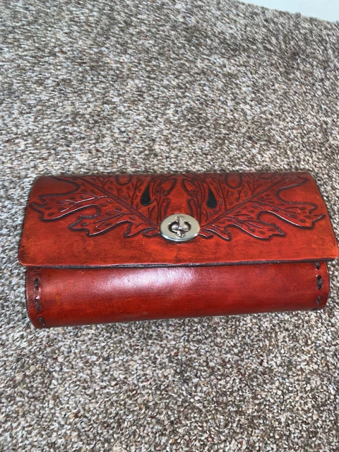 Hand Made Vintage Boho Western Reddish  Brown Tooled Leather Clutch Purse Wallet