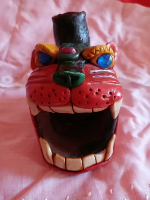 Aztec Mexican art pottery multycolor Jaguar whistle clay .Loud Roar. Jeweled eye