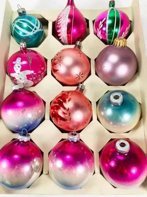 Vtg Lot 12 Poland, Shiny Brite Mercury Glass Ornaments Pink Glitter Motifs Balls