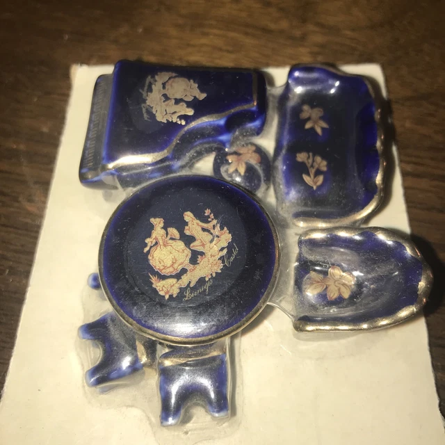 Miniature LIMOGES Blue &Gold 7 Piece Piano Stool Table Chairs Couch Chair France