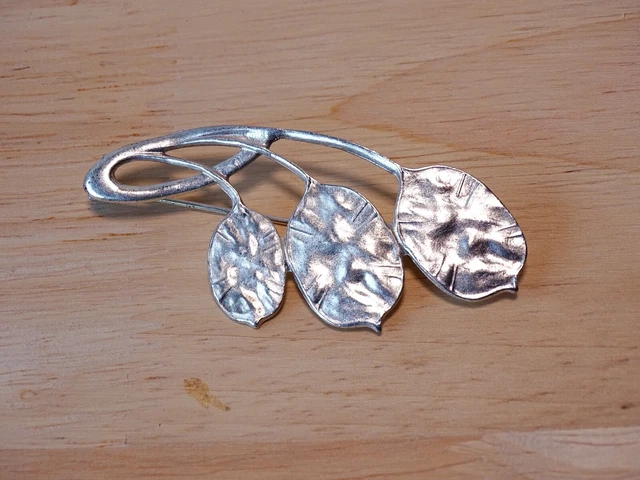 Broche Ancienne Art Déco / Nouveau – Argent Massif 925 – Feuilles Et Perle – Créateur