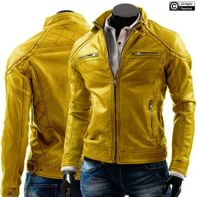 Men's yellow Biker Motorcycle Vintage Retro Cafe Racer Genuine Leather Jacket