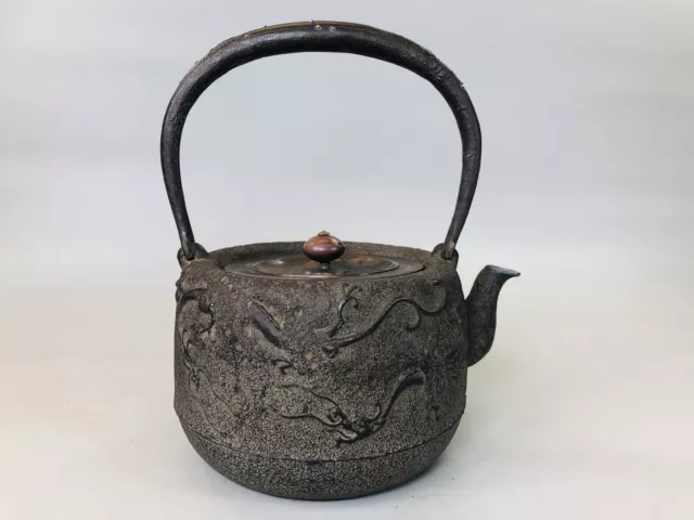 Y5869 TETSUBIN Iron kettle pot inlay Dragon signed Murashido lid Japan antique