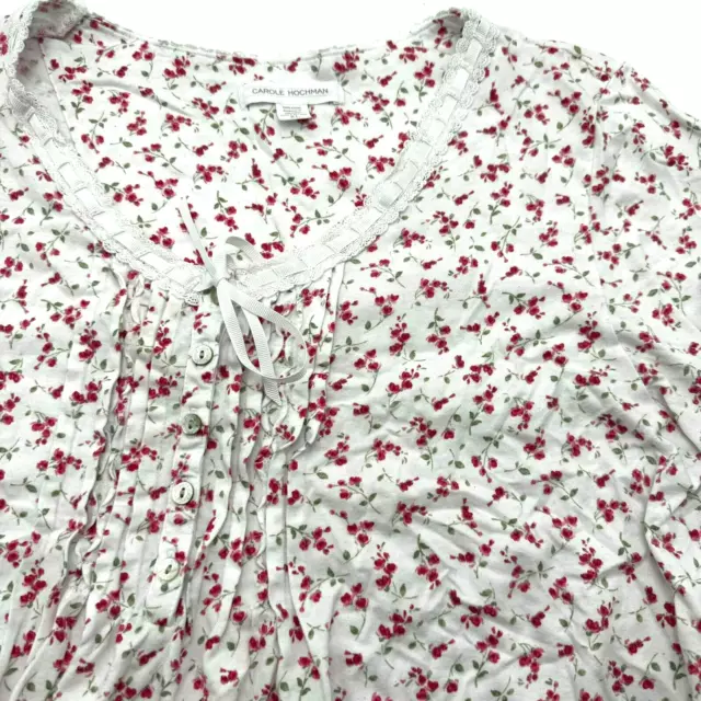 CAROLE HOCHMAN | XL Red Roses White Floral Knee Length Cotton Nightgown Pajamas