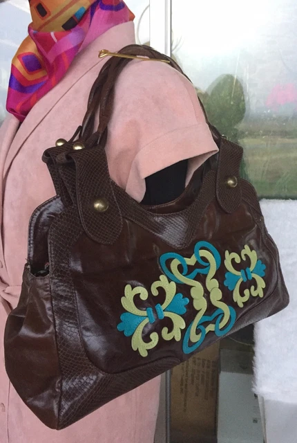 Kate Landry Brown Leather Teal Damask Snakeskin Trim Purse Shoulder Bag Tote