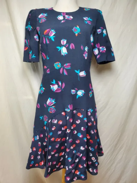 Rebecca Taylor Mixed Floral Print Shift Dress 4 Navy Blue Flounce Hem 3/4 Sleeve