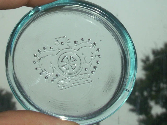 blue midget inside embossed Crown glass canning jar Insert. no zinc bands