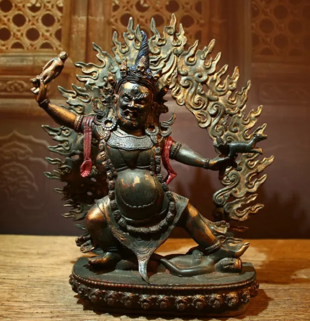 12.8" Old Tibet Bronze Gilt Protector Deity Backlight Statue Sculpture