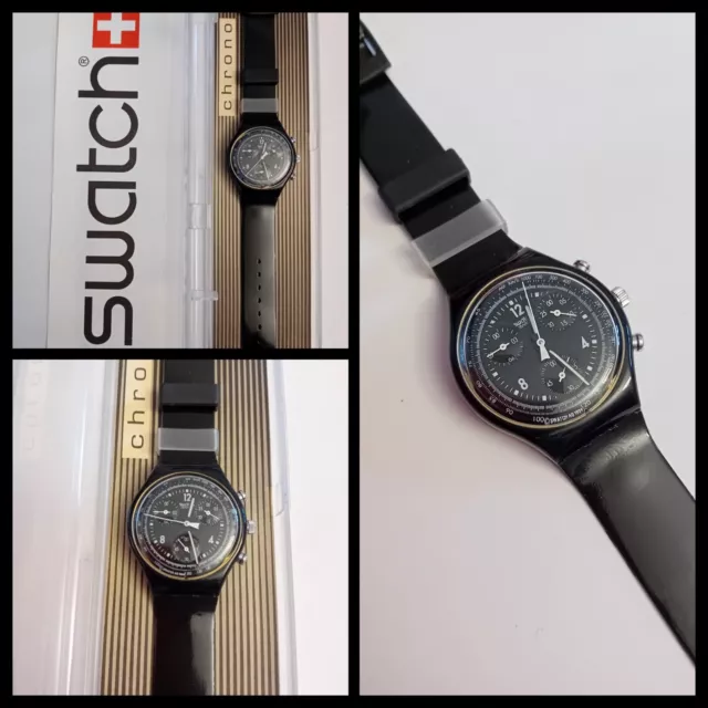 Swatch Chrono Nuovo NOS Pure Black SCB114 1995 Vintage Orologio da polso Anni 90