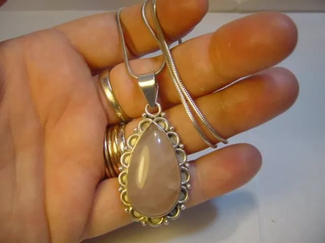 Stunning Solid Silver 18"Snake  Chain & Large Heavy Pendent-Superb Rose Quartz 2