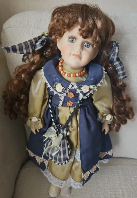 Vintage 18" Leonardo Collection Porcelain Doll In Blue,  White & Olive Bag Chain