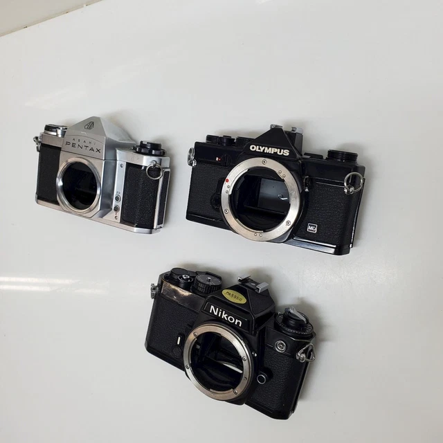 x3 VTG. Mixed Lot SLR Film Camera Bodies Pentax Olympus Nikon Untested P/R