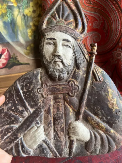 Panneau Bois Sculpté Polychrome Évêque & Religieux XIX Eme