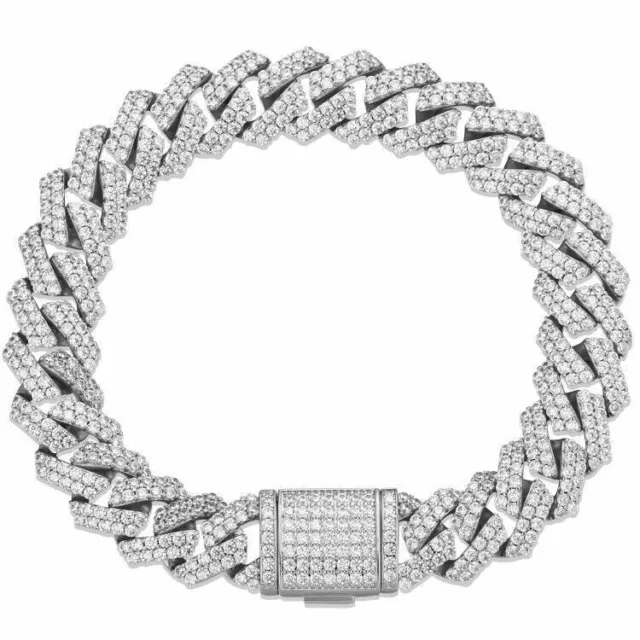 12mm Iced CZ Out Cuban Link Bracelet White Gold Stainless Steel Hip Hop Jewelry