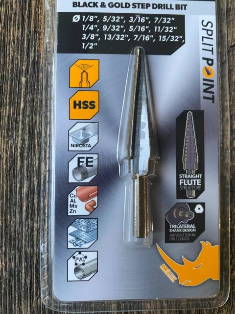 Tolsen Tools Black & Gold Step Drill Bit 1/8"- 1/2" Straight Flute #75875 2