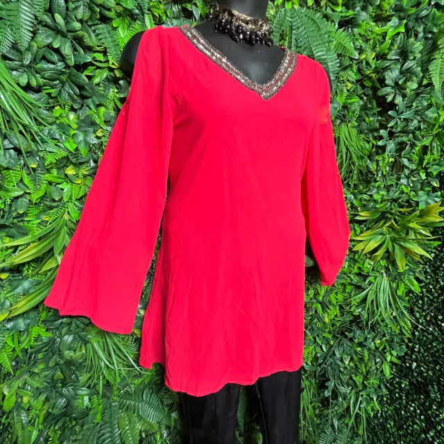 Women Tops Medium Red V Neckline Sequin Accent Blouse Kloset Therapy 0000