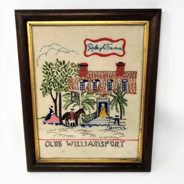 "Bordado Crewel Acabado Bucilla 1998 ""Olde Williamsport Raleigh Tavern"""
