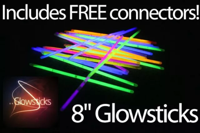 100 Coloured 8" Glowsticks - Glow Sticks, Bracelets + Necklaces Parties