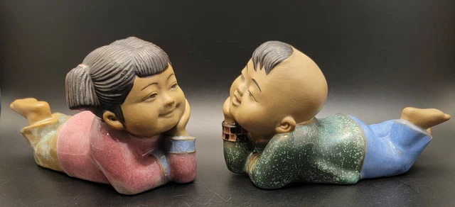 Asian Girl Boy Pottery Figurines Signed Daydreaming Studio Cast Hand-painted