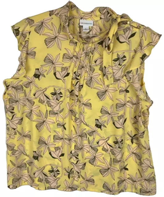 Liz Claiborne Shirt Womens XL Yellow Floral Short Sleeve Tie Neck Business Top