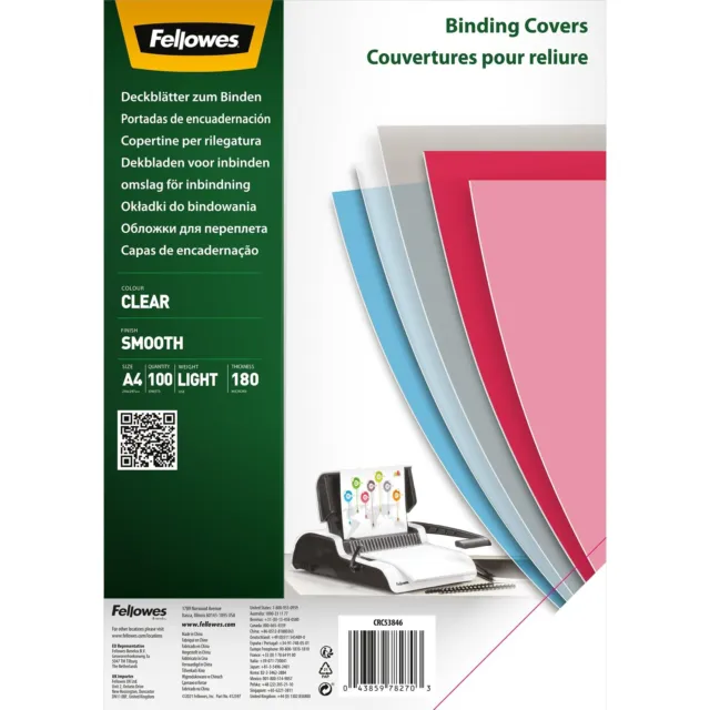 Fellowes Clear PET Binding Cover 180 Micron (A4) - Pack of 100