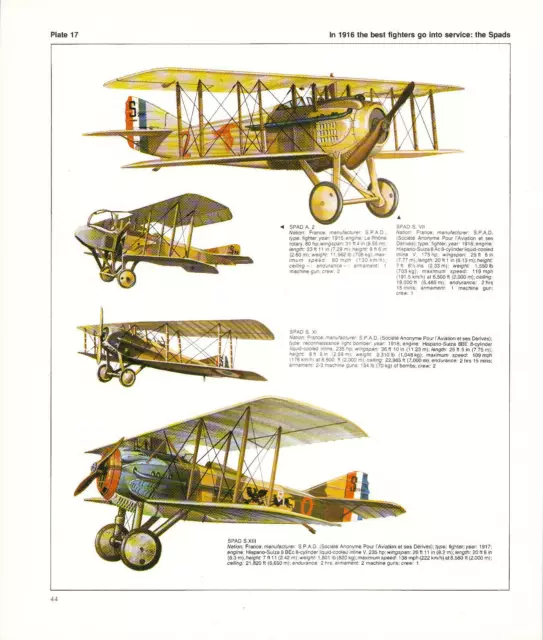 1980 VINTAGE PRINT 1916 French Fighter SPAD Biplane WW1 VII XI XIII Fighters War