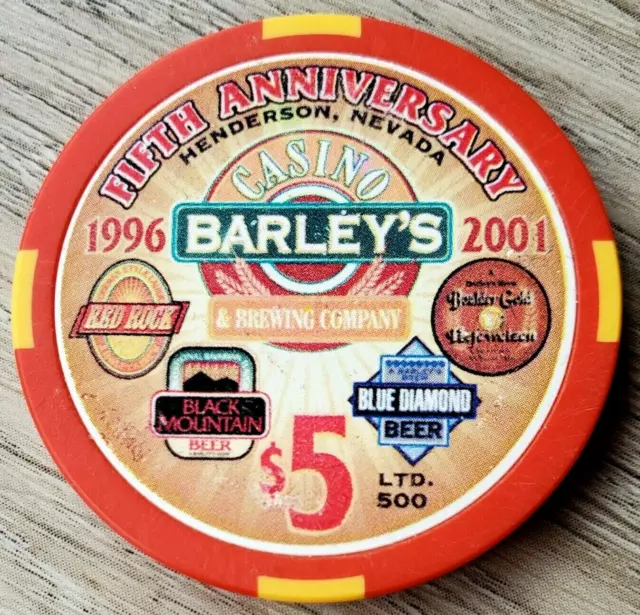 $5 Barley's Casino Brewing Company 5th Anniversary Henderson Chip