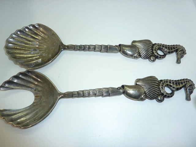 VINTAGE GODINGER SILVER Plated Pair Seahorse Salad Servers 11