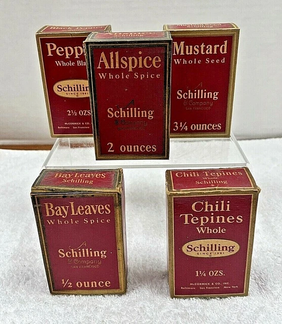 Lot of 5 Vintage Cardboard Schilling Spice Boxes 3 from before 1950 & 2 After