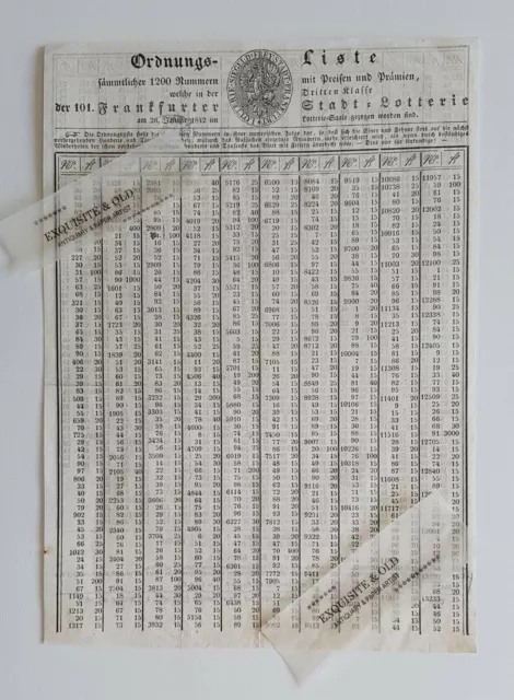 1842 Ordnungs-Liste 101. Frankfurter Stadt-Lotterie Januar Glück Papier Dokument