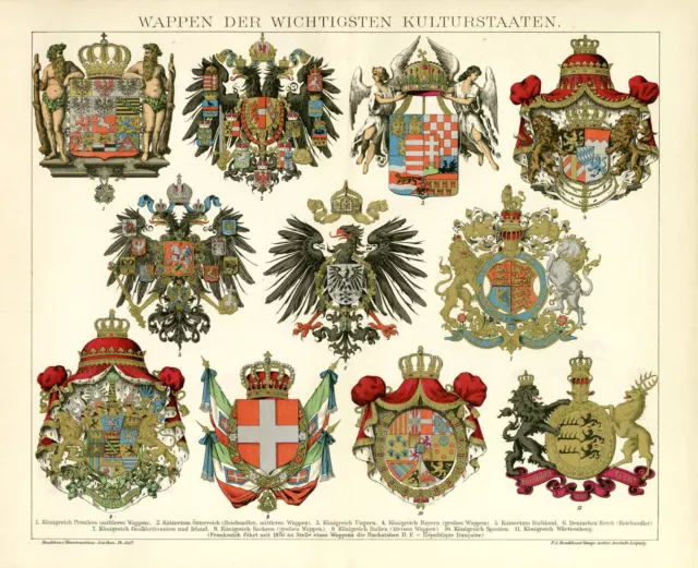Wappen Preußen Österreich Ungarn Bayern Deutsches Reich  Chromolitho ca. 1892