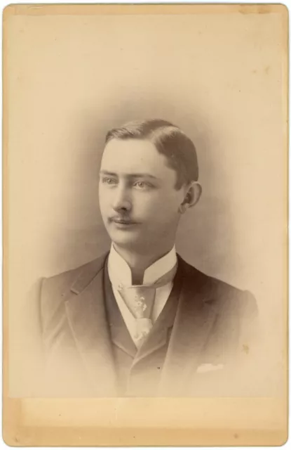 Circa 1890'S Antique Cabinet Card Of Handsome Young Victorian Man With Moustache