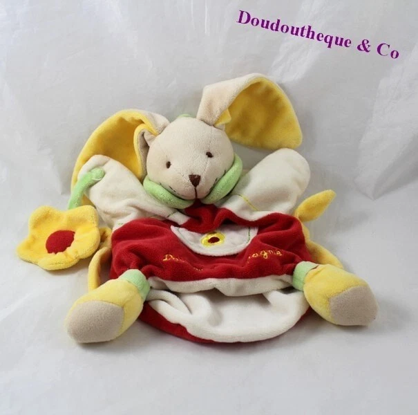 Doudou marionnette lapin DOUDOU ET COMPAGNIE fleur jaune rouge 24 cm (MO6167)