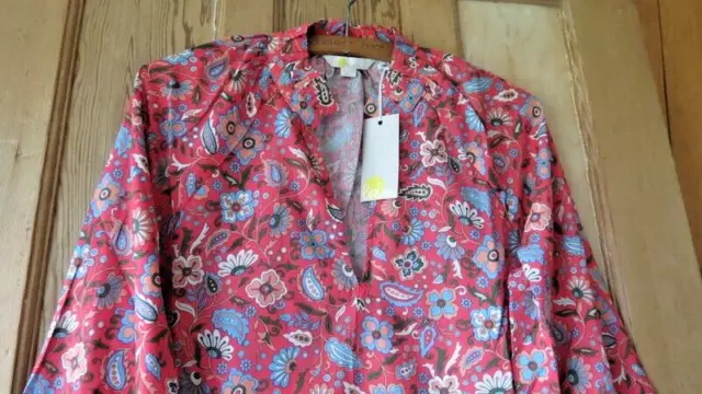 Bnwt Boden Smocked Cuff Cotton Top Sz 8 Red Bloom