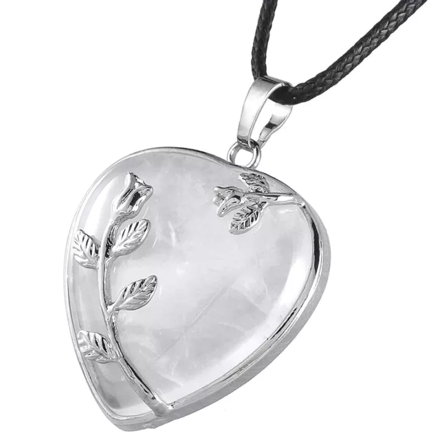 Rose Flower Wrapped Natural Heart Stone Pendant Rope Necklace Reiki Pendulum