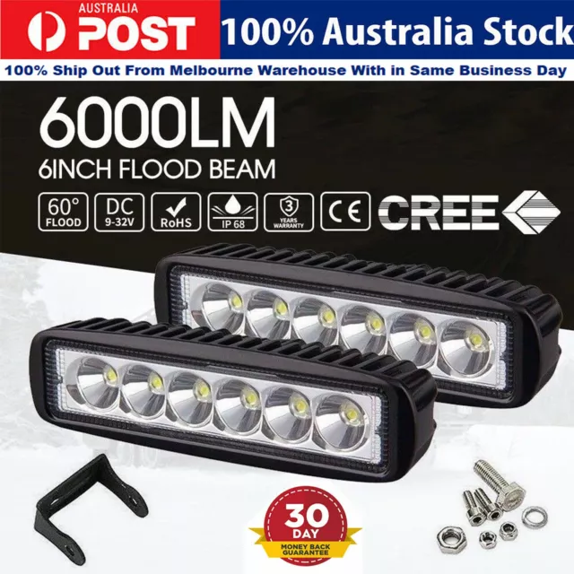 18W Pair 6Inch Led Work Light Bar Flood Reverse Fog Light Work car Led 6000LM AU