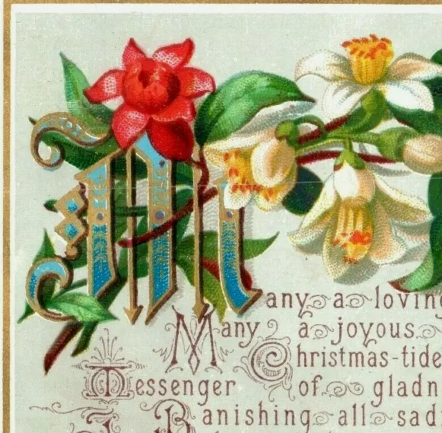 1880s-90s Victorian Christmas Card Poem Flowers Fab! P214