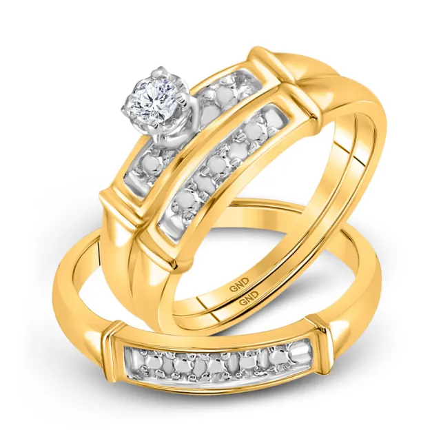 10K Yellow Gold His Hers Round Diamond Matching Bridal Wedding Ring Set