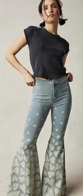 Free People Just Float On Flare Jeans Queen Of Hearts Printed Sky Blue 28 NWT